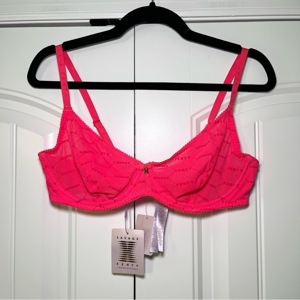 Savage X Fenty FLOCKED LOGO UNLINED BRA Pink Smash Size 38C Underwire Sheer NWT - Picture 2 of 7